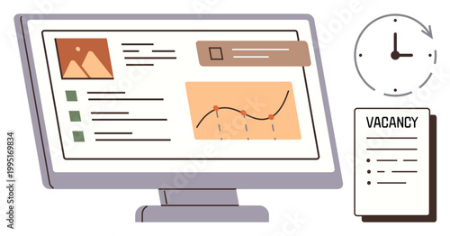 Career planning, hiring process, job market trends, time management, data analysis, vacancy search. A computer monitor displays charts, a document and a clock. Career planning and hiring process