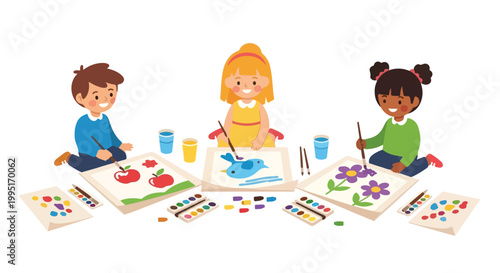 Three diverse young children are sitting on the floor together, happily painting creative pictures with watercolor paints and brushes.