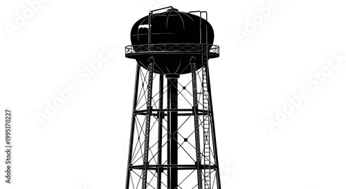 Retro Water Tower Silhouette, Industrial Water Storage Tank on White Background
