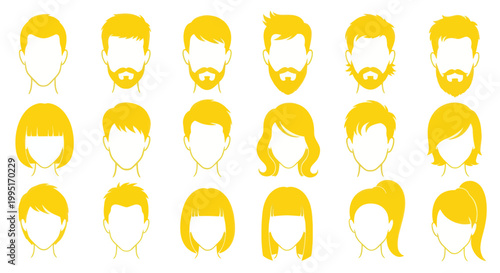 Diverse Male and Female Hairstyles and Beards Icons Set