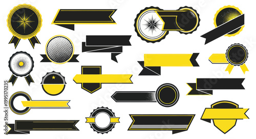 Set of Vintage Ribbons, Badges, and Banners in Yellow and Black