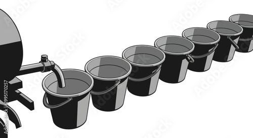 Water Filling Buckets in a Row from a Spigot