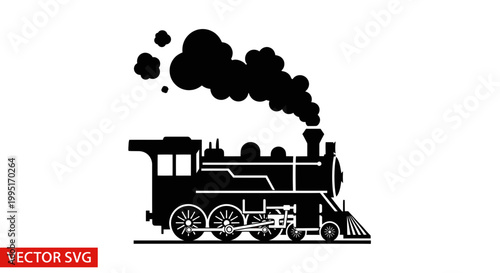 Vintage Steam Locomotive Silhouette with Smoke - Black and White Vector