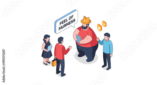 Isometric illustration depicting fairness concept with diverse people and coins.