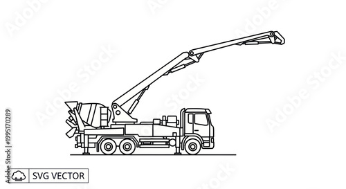 Concrete mixer truck with pump arm extended, line art illustration