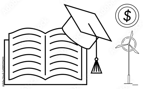 Education, sustainability, financial planning, renewable energy, environmental awareness, academic success. An open book with graduation cap, dollar symbol and wind turbine. Education