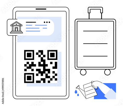 Travel planning, digital payments, e-tickets, online banking, QR code verification, logistics. A smartphone displays a QR code and bank app near a suitcase and hand with a document. Travel planning