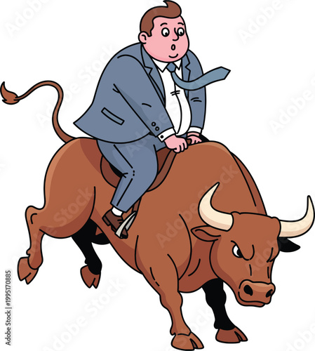 A Chubby Businessman Looking Alarmed While Riding A Muscular Charging Brown Bull
