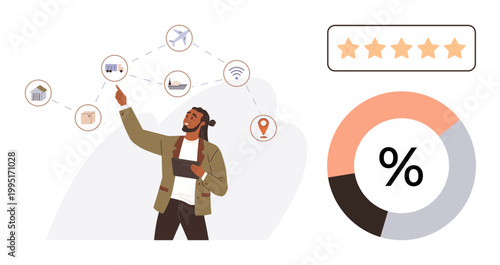 Data analysis, customer feedback, network management, business strategy, marketing, performance review. Man pointing to network connections, rating icons and pie chart. Data analysis and customer