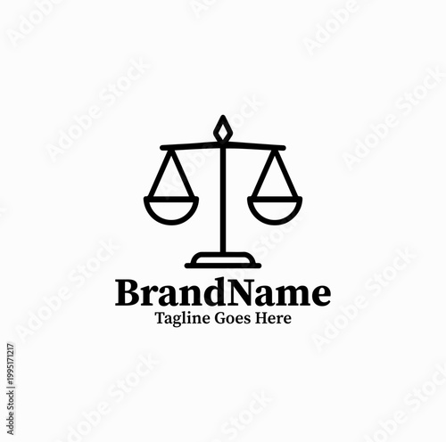 A minimal justice scale symbol is illustrated as a modern law firm logo design monochrome clean