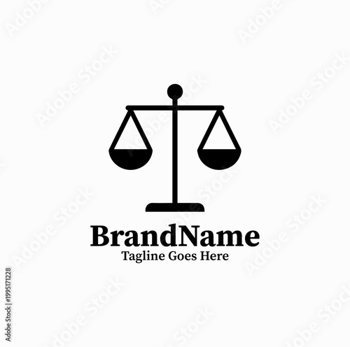 A minimal justice scale symbol is illustrated as a modern law firm logo design monochrome clean