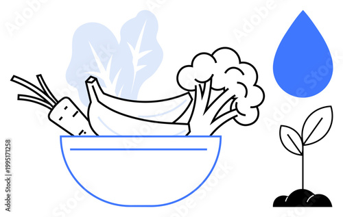 Healthy lifestyle, sustainability, organic farming, nutrition, agriculture, eco-conscious choices. A bowl with fruits and vegetables alongside a water drop and young plant. Healthy lifestyle