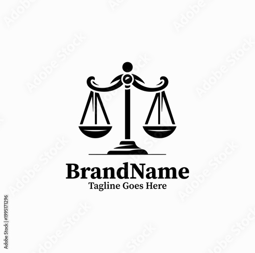 A minimal justice scale symbol is illustrated as a modern law firm logo design monochrome clean