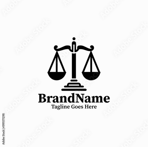 A minimal justice scale symbol is illustrated as a modern law firm logo design monochrome clean