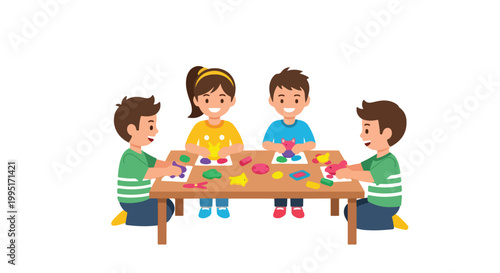 Four happy children are sitting around a table and playing with colorful modeling clay to create various shapes and animals.
