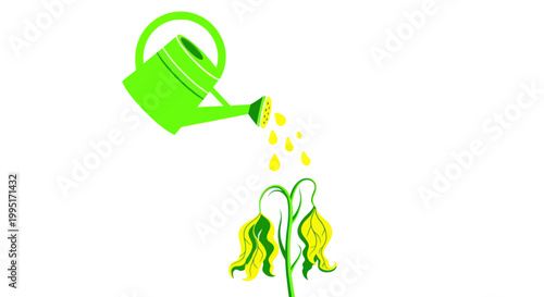Green watering can reviving wilted yellow flowers on white background