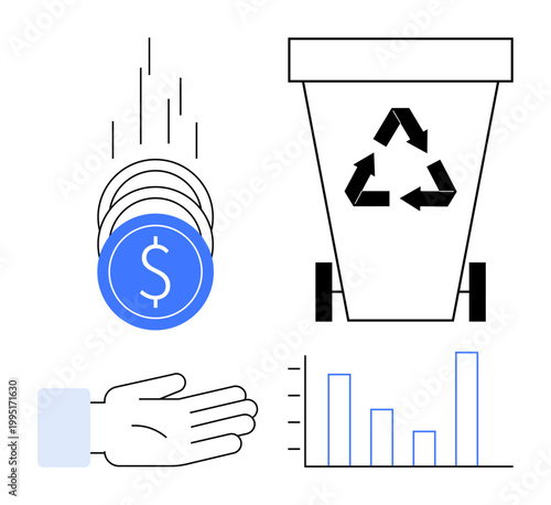 Financial management, environmental awareness, data analysis, budgeting, sustainability, economic decisions. Coin drop, recycling bin hand and graph illustration. Financial management