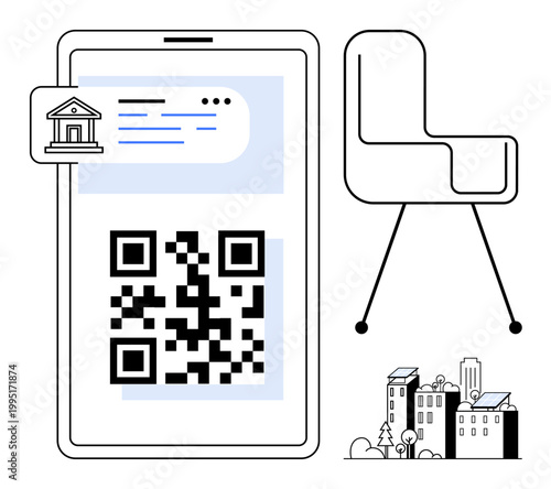 Digital transactions, mobile banking, fintech design, QR payments, online verification, urban technology. Smartphone displaying QR code and bank icon. Digital transactions and mobile banking concept