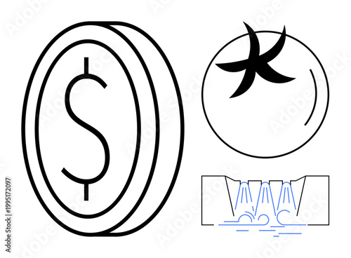 Money, sustainability, water conservation, agriculture, economic impact, natural resources. Coin symbol, fruit illustration and a water flow graphic are . Money and sustainability