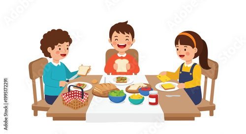 Three young friends are happily gathered around a table, sharing a meal and making sandwiches with fresh bread, vegetables, and condiments.