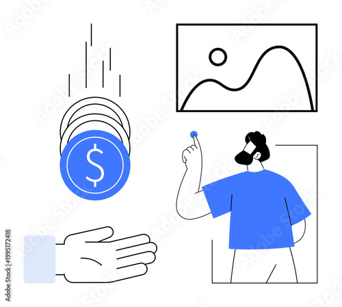 Digital payments, investment, financial growth, modern business, economy, online transactions. Coins falling into a hand, abstract art a person interacting. Digital payments and investment ideas