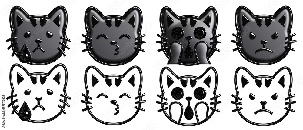 Fototapeta premium Expressive Dark Metallic Cat Emoji Collection with Crying, Kissing, Shocked, and Angry Faces on Transparent Background