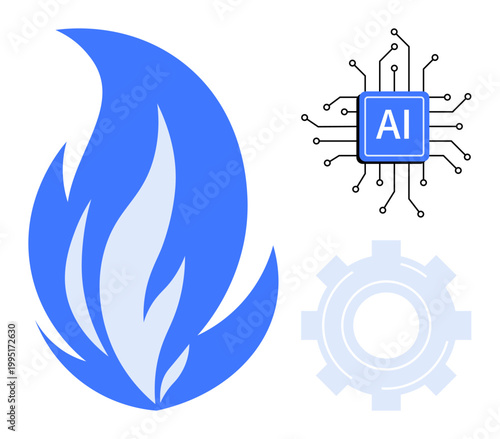 Technology innovation, artificial intelligence, futuristic design, energy technology, automation, machine learning. Blue flame with AI circuit and gear symbol. Technology innovation and artificial