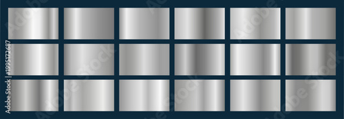 Realistic silver, aluminium, platinum steel gradient texture pack. Shiny metal foil gradient set. Vector illustration