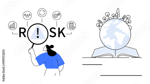 Risk analysis, education, sustainability, business strategy, global insights, decision-making. A figure examines the word risk with a magnifier near an open book and Earth. Risk analysis