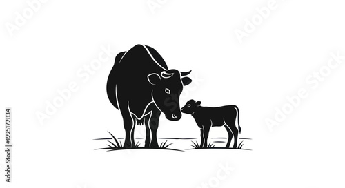 Cow and Calf Silhouette, Farm Animal Family, Black and White Vector Art