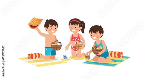 Three happy children enjoy a sunny day at the beach, kneeling on towels and excitedly collecting various colorful seashells in small baskets.