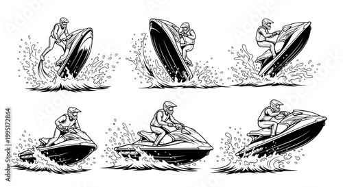 Jet Ski Action Set: Dynamic Water Sports Illustrations