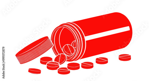 Red Pill Bottle Spilling Pills - Health and Medicine Concept