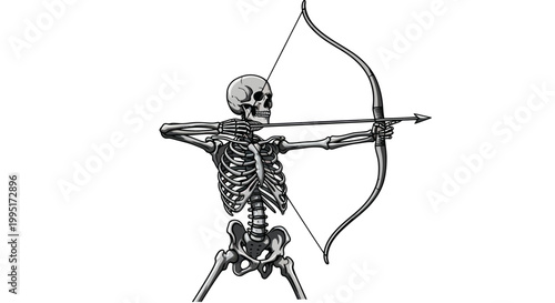 Foto Skeleton Archer Aiming Bow and Arrow, White Background, Silhouette
