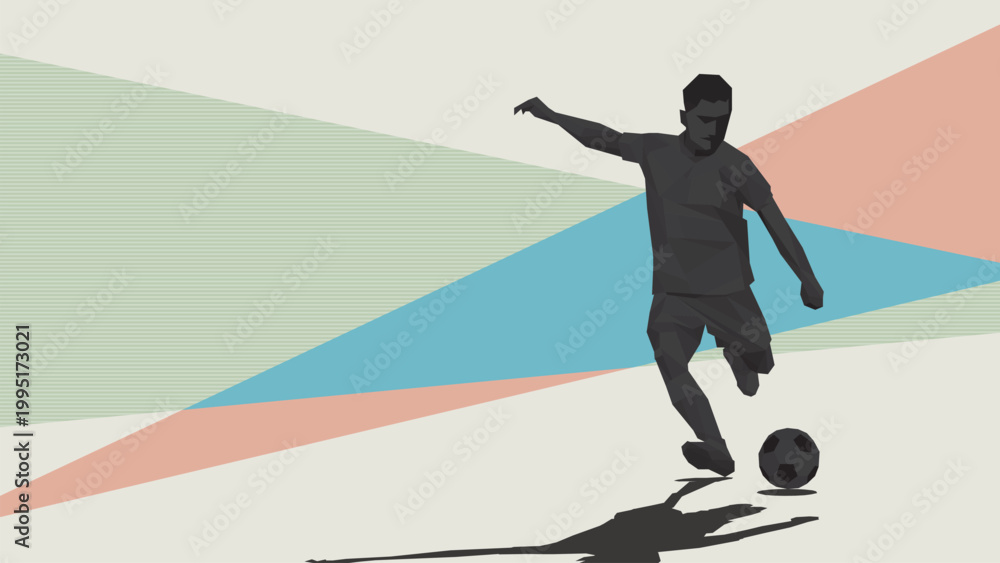Fototapeta premium Silhouette polygon football player kick the ball with grometric pastel background have blank space
