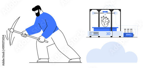 Blockchain mining, cryptocurrency, 3D printing, bioprinting, technology, innovation. A miner with a pickaxe and a 3D printer creating a heart. Blockchain mining and 3D printing innovation theme
