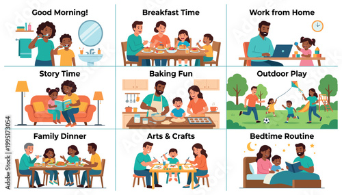 Illustrations of family daily routines and activities.