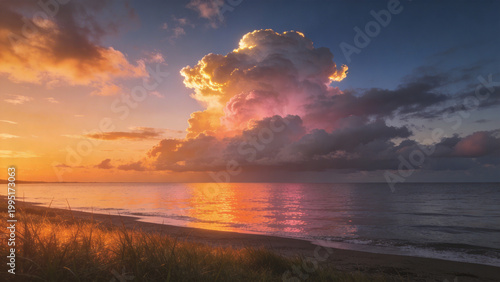 夕焼けの海と茜色に染まる雲を写した幻想的な海岸風景写真