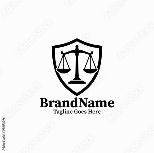 A shield with justice scale is illustrated as a strong legal protection logo design monochrome bold