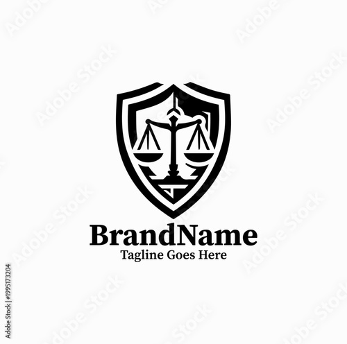 A shield with justice scale is illustrated as a strong legal protection logo design monochrome bold