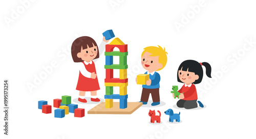 Three young children are happily playing together with colorful building blocks and small animal figurines in a bright vector illustration.