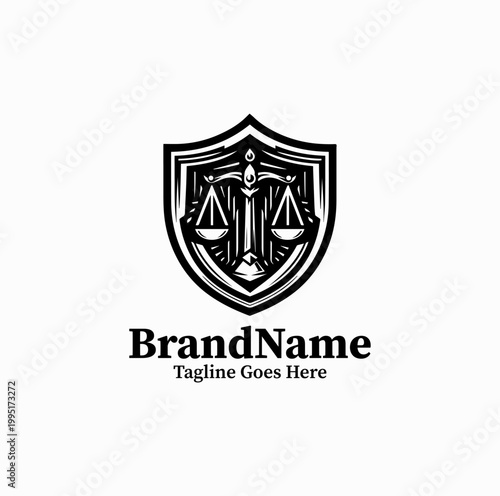 A shield with justice scale is illustrated as a strong legal protection logo design monochrome bold