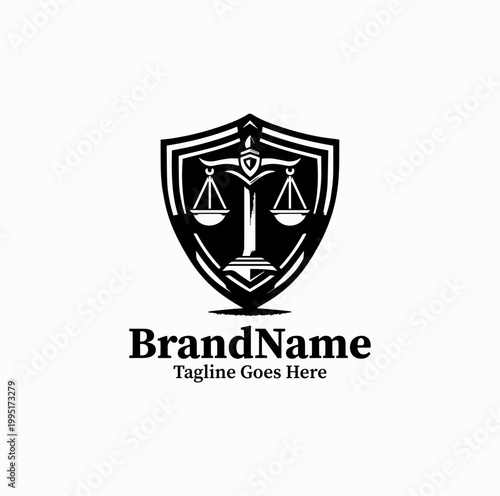 A shield with justice scale is illustrated as a strong legal protection logo design monochrome bold