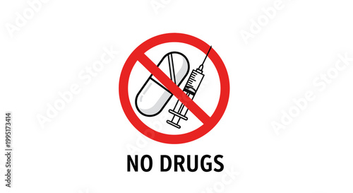 No Drugs Sign with Pill and Syringe in Red Circle.