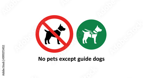 No pets except guide dogs sign with red circle and green circle.