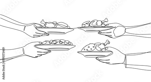 Hands holding plates with food, illustration, line art, top view, sharing meal concept