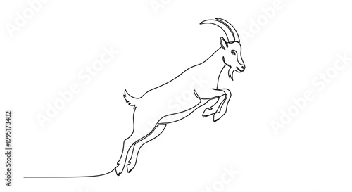 Continuous Line Drawing of a Jumping Goat on White Background