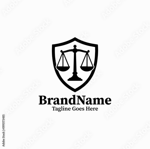 A shield with justice scale is illustrated as a strong legal protection logo design monochrome bold