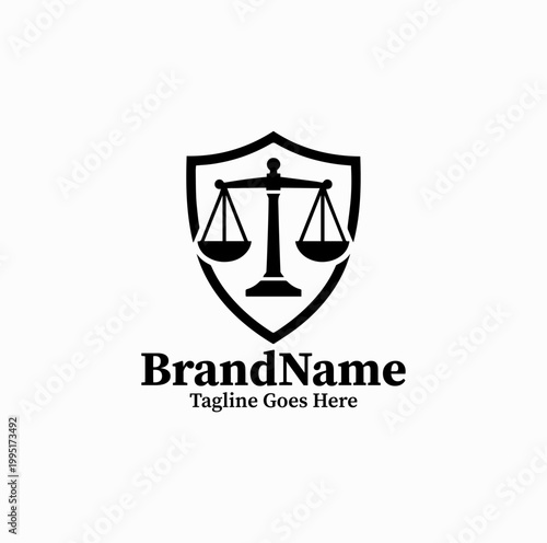 A shield with justice scale is illustrated as a strong legal protection logo design monochrome bold