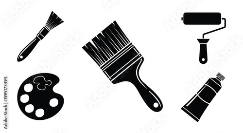 Painting tools including brushes roller palette and paint in silhouette